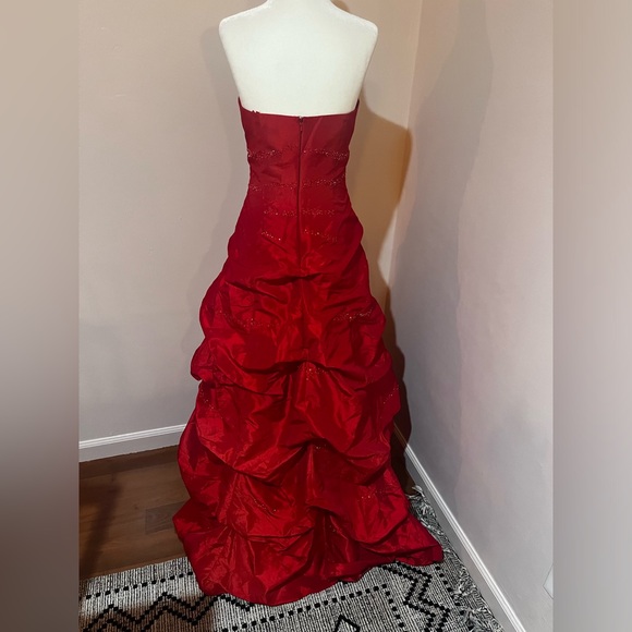 Red Beaded Strapless Prom Dress - Picture 2 of 7